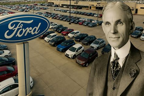 Henry Fordo portretas prie „Ford Model T“ gamyklos konvejerio