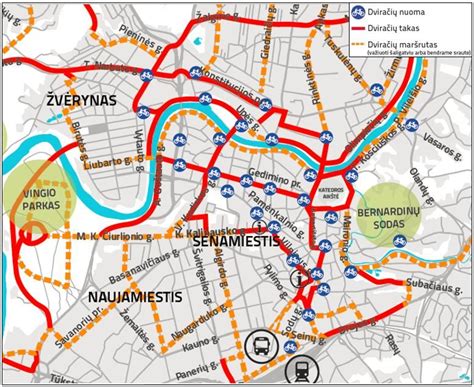 Miesto dviračių takų ir viešojo transporto tinklo žemėlapis
