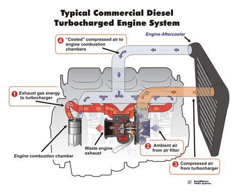 Infographic of a car engine system with highlighted turbocharger, injectors, and DPF