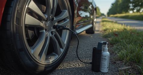 Teminė nuotrauka su padangų sandarinimo skysčiu ir automobiliu