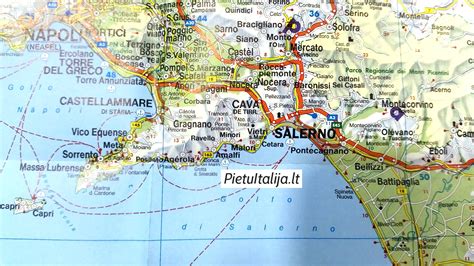 Amalfio pakrantės kelio žemėlapis su pagrindiniais maršrutais