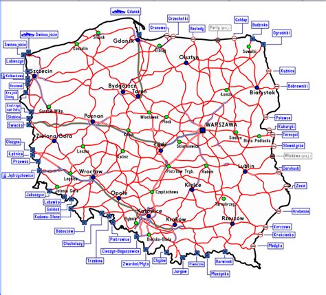 Lenkijos kelių žemėlapis su pagrindiniais transporto mazgais ir eismo srautų vizualizacija