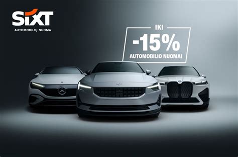 Nuotrauka: Sixt logotipas ir įvairių automobilių nuomos pavyzdžiai