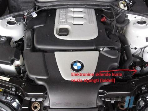 BMW E60 variklio skyriaus vaizdas, rodantis tipinę pakaitinimo žvakių relės vietą.