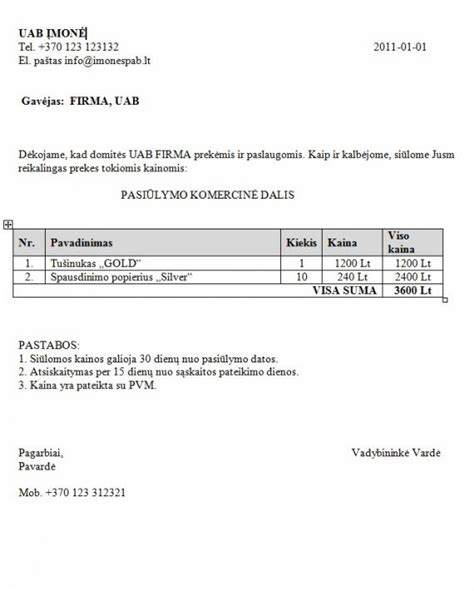 Pavyzdys: automobilių pervežimo komercinis pasiūlymas