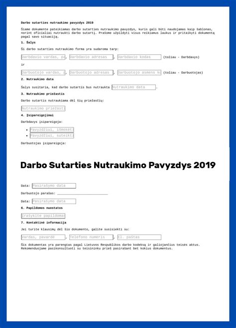 Lentelė: sutarties nutraukimo terminai ir sąlygos