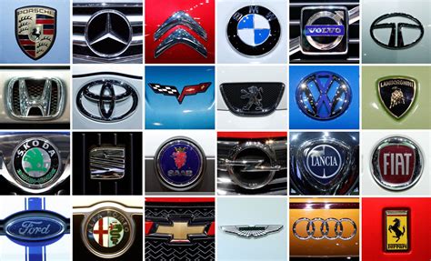 automobilių gamintojų logotipų koliažas