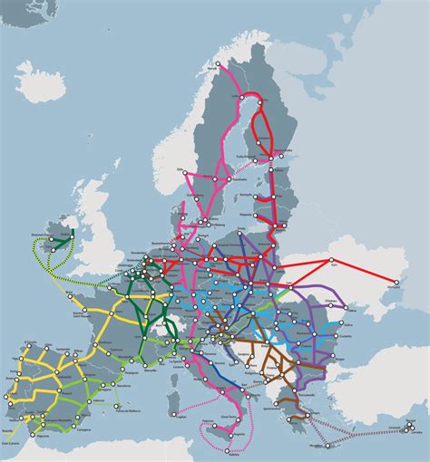 Schema su Europos transporto maršrutais, apimančiais Ispaniją, Prancūziją ir Beniliukso šalis