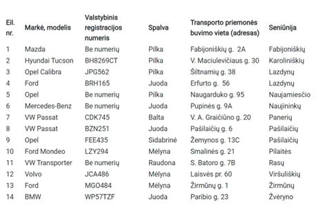 Lentelė su informacija apie UAB „Rigveda“ naudojamas transporto priemones pagal kategorijas
