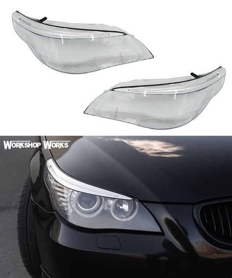 Nuotrauka, demonstruojanti platų BMW E60 priekinių žibintų ir kitų kėbulo dalių pasirinkimą.