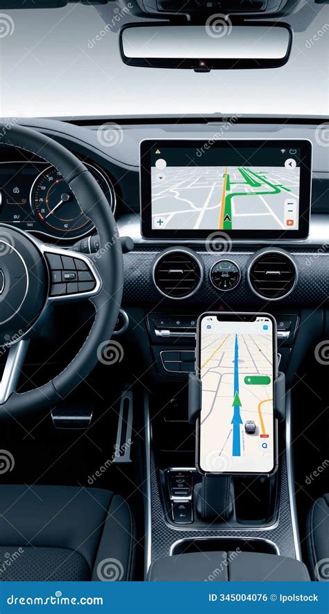 A smartphone displaying a navigation app mounted on a car dashboard, with a modern car interior in the background.