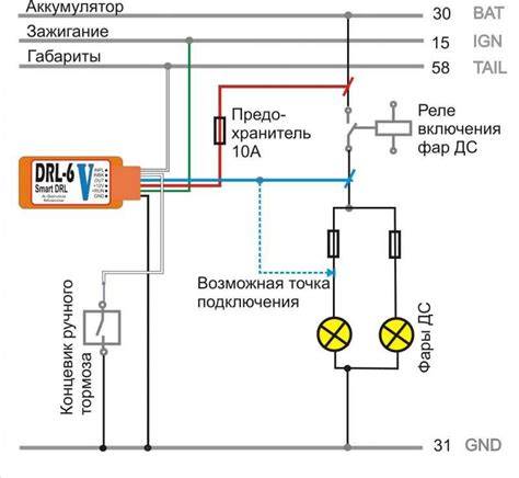 Diagrama: DRL rėlės prijungimo schema