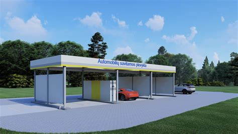 Schema, kaip veikia savitarnos automobilių plovyklos postas su valdymo pultu ir plovimo įranga