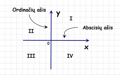 Dekarto koordinačių sistemos schema su ašimis ir kvadrantais
