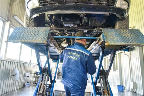 Techninės apžiūros proceso iliustracija su automobiliu ant stendo