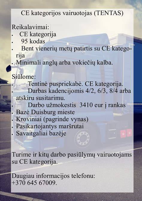 Infografika: CE kategorijos vairuotojo reikalavimai, maršrutai ir darbo trukmės