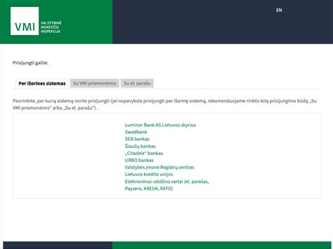 Ekrano nuotrauka su VMI prisijungimo ir veiklos registracijos parinktimis