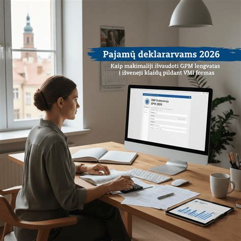 Teminė nuotrauka, vaizduojanti mokesčių deklaravimo formas ir kompiuterį