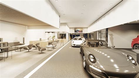 Tematinė nuotrauka su moderniu „Porsche“ automobiliu prie salono