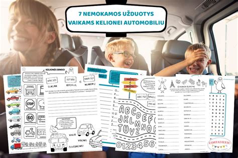 šeima su vaikais ir augintiniu keliauja automobiliu