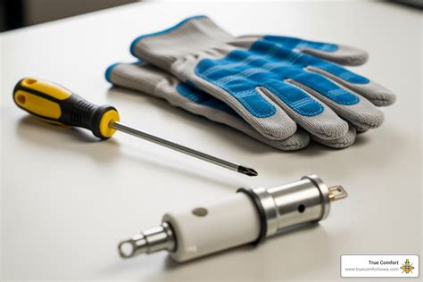 Illustration of tools needed for light bulb replacement (screwdriver, gloves, new bulb)
