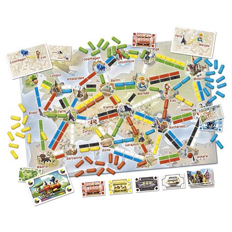 The Ticket to Ride Europe game board with colorful train cars and stations