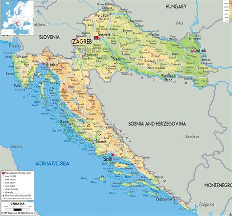 Kroatijos žemėlapis su pažymėtu Splitu