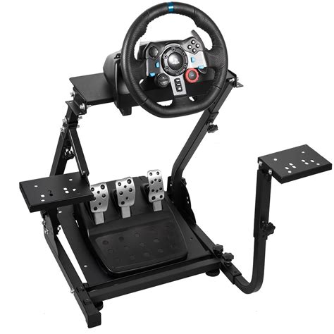 A racing setup with a Logitech G29 racing wheel, pedals, and a Playseat Challenge gaming chair