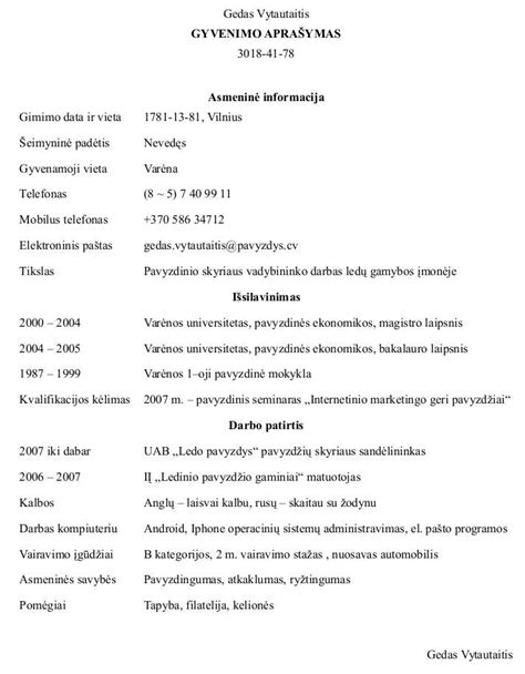 Gyvenimo aprašymo pavyzdys, iliustruojantis struktūrą