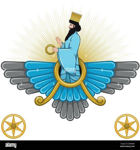 Ahura Mazda ikona ir vyriškos, sparnuotos figūros vaizdas