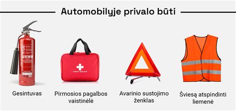 privaloma automobilyje turėti įranga: gesintuvas, vaistinėlė, avarinio sustojimo ženklas, šviesą atspindinti liemenė