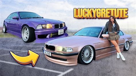 Jauna mergina prie rožinio BMW E38
