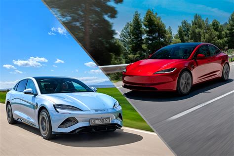 Tematinė nuotrauka su BYD Seal ir Tesla Model 3 palyginimu