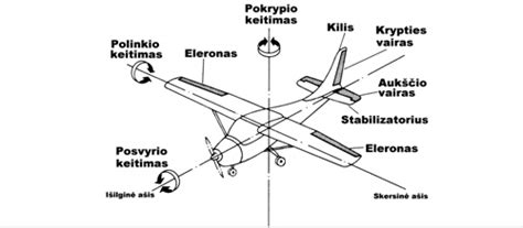 Lėktuvo aerodinaminių jėgų ir valdymo plokštumų schema