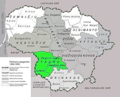 Infografika: Tauro apygardos ir pokario partizanų tinklas bei desantininkų operacijos
