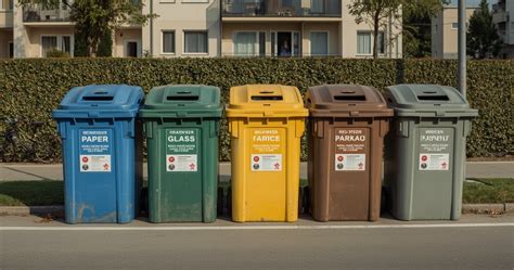 Šeima rūšiuoja atliekas prie namų, skirtingų spalvų konteineriai