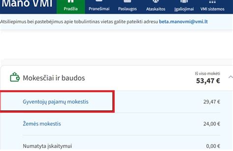 ekrano nuotrauka su Mano VMI administracinių baudų mokėjimo funkcija