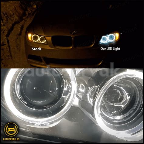 schema, vaizduojanti LED angel eyes žiedų veikimo principą ir montavimo vietas priekiniame BMW E39 žibinte