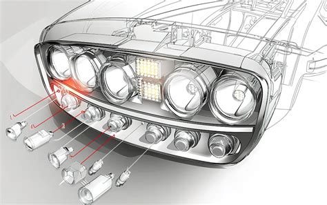 Diagram showing the internal components of a car headlight, highlighting the projector lens and adjustment motor.