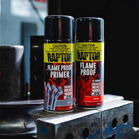 Inforgrafika, demonstruojanti RAPTOR Flameproof dažų atsparumą temperatūrai ir mechaniniam poveikiui